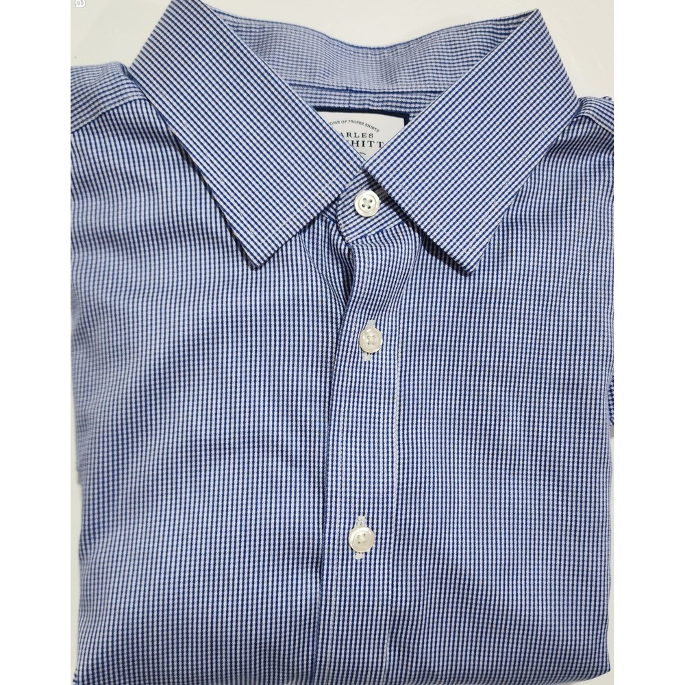 Charles Tyrwhitt Men's Blue Check Non-Iron Slim-Fit Dress Shirt Size 17.5 X 34